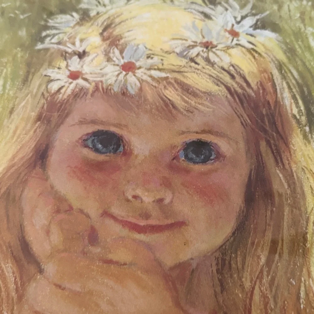 Vintage 1960s Francis Hook Girl with Daisies Portrait Art - 11”x14” - Picture 4 of 7
